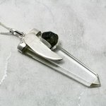 Moldavite & Quartz Point Silver Pendant  ~51mm