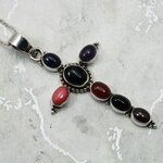 Multi Gemstone 925 Cross Silver Pendant ~47mm