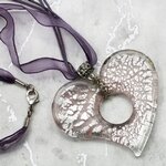 Murano Glass Heart Pendant - 18inch (Mauve & Silver)
