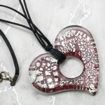 Murano Glass Heart Pendant - 18inch (Plum & Silver)