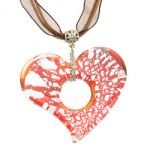 Murano Glass Heart Pendant with Cord & Clasp - 18inch (Red & Silver)