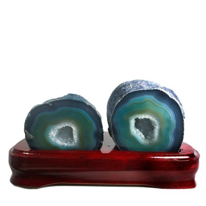 Agate Lovers Pair In Wooden Base - Blue ~9.3 x 17cm