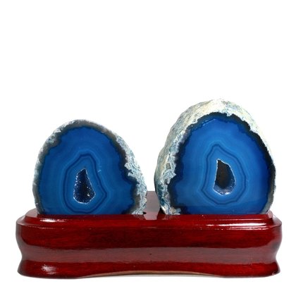Agate Lovers Pair In Wooden Base - Blue ~9.6 x 15.3cm