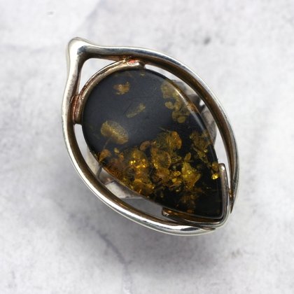 Amber & Silver Ring - Green Stone - size - UK M. USA 6.5