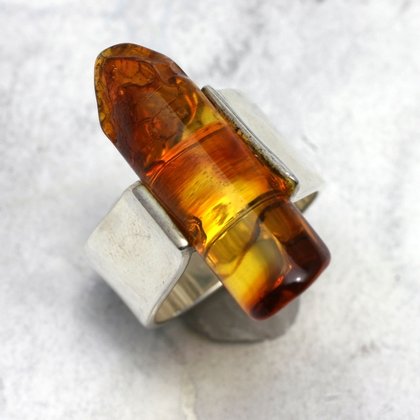 Amber & Silver Ring - size - UK L. USA 6