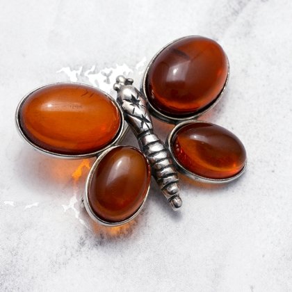 Amber Four Stone Butterfly Brooch set in .925 Silver