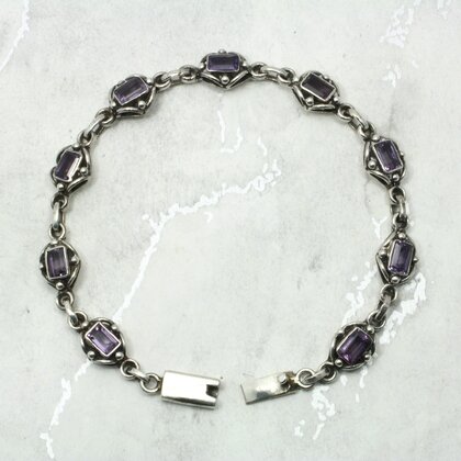Amethyst & 925 Antique Sterling Silver Rectangle Bracelet (Length 210mm)