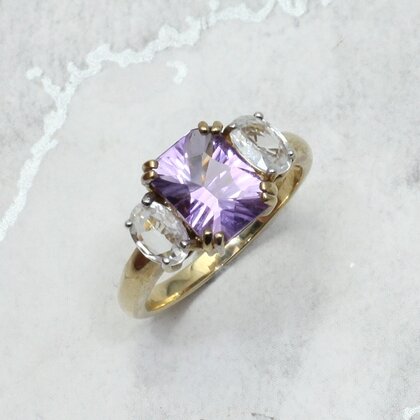 Amethyst & Clear Topaz 9ct Gold Ring~7 US / O UK