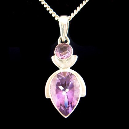 Amethyst & Silver Pendant - Faceted Droplet & Circle 28mm