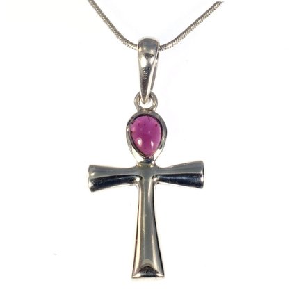 Ankh Cross Silver Pendant with a Pink Garnet Stone - 30mm