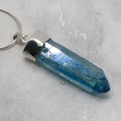 Aqua Aura Quartz Point Healing Crystal 925 Silver Pendant ~39mm