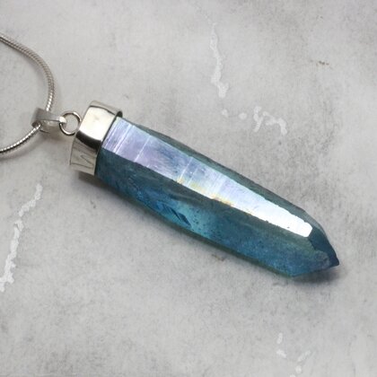 Aqua Aura Quartz Point Healing Crystal 925 Silver Pendant ~43mm