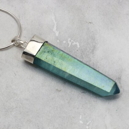 Aqua Aura Quartz Point Healing Crystal 925 Silver Pendant ~45mm