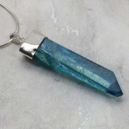 Aqua Aura Quartz Point Healing Crystal 925 Silver Pendant ~46mm