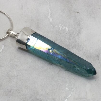 Aqua Aura Quartz Point Healing Crystal 925 Silver Pendant ~48mm