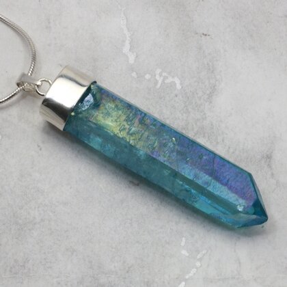 Aqua Aura Quartz Point Healing Crystal 925 Silver Pendant ~50mm