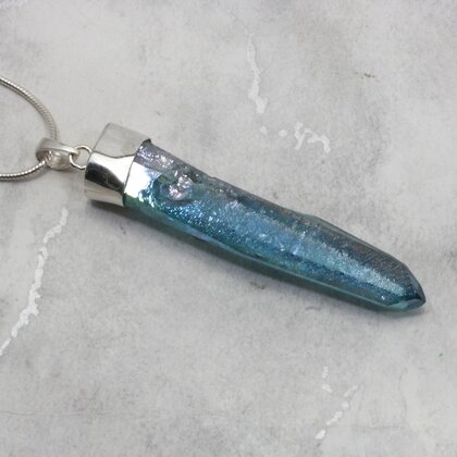 Aqua Aura Quartz Point Healing Crystal 925 Silver Pendant ~50mm