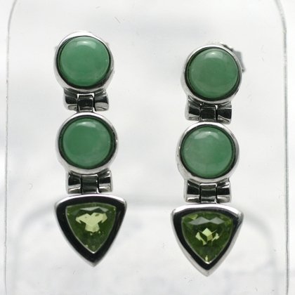 Three-Stone Aventurine & Peridot Silver Drop Studs ~25mm