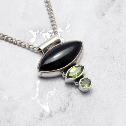 Black Amethyst and Peridot Triple Stone Pendant set in .925 Silver