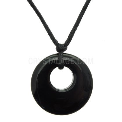 thumbnail image 2 of 40mm Black Obsidian Donut Pendant – Cotton Ribbon Included, Gemstone Jewelry 2 of 4