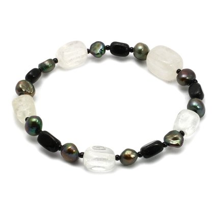 Black Onyx & Quartz Gemstone Bracelet with Green Freshwater Pearls