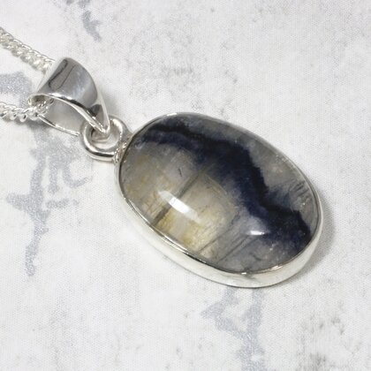 Blue John Fluorite Oval 925 Silver Pendant ~16mm