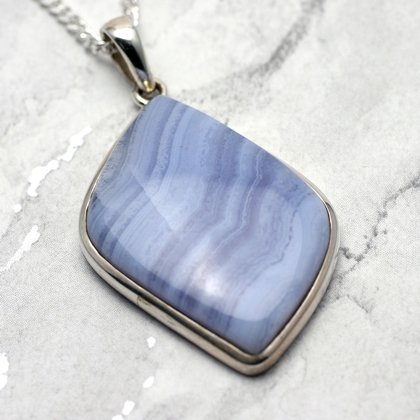 Blue Lace Agate & Silver Pendant - Freeform 36mm