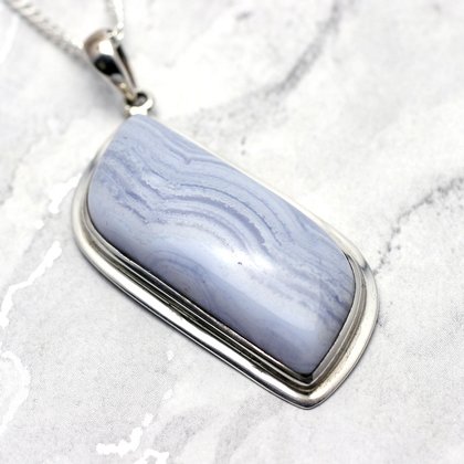 Blue Lace Agate & Silver Pendant - Freeform  44mm