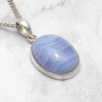 Blue Lace Agate & Silver Pendant - Oval 24mm