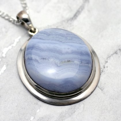 Blue Lace Agate & Silver Pendant - Oval 34mm