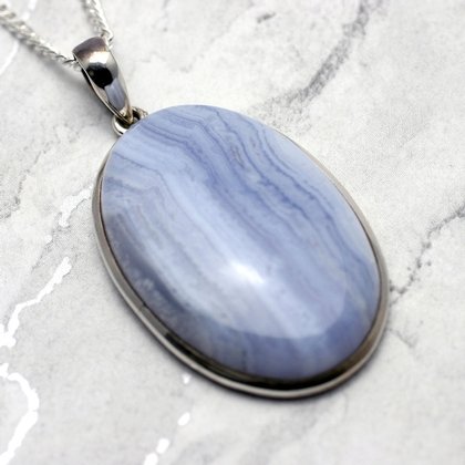 Blue Lace Agate & Silver Pendant - Oval 40mm