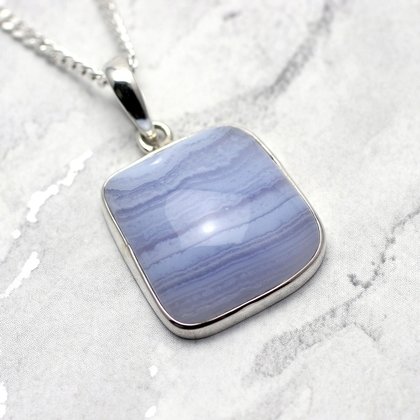 Blue Lace Agate & Silver Pendant - Rectangle 24mm