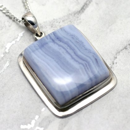 Blue Lace Agate & Silver Pendant - Rectangle 31mm