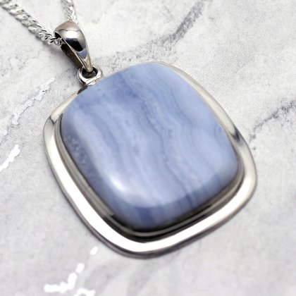 Blue Lace Agate & Silver Pendant - Rectangle 35mm