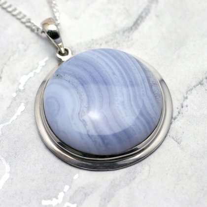 Blue Lace Agate & Silver Pendant - Round 33mm