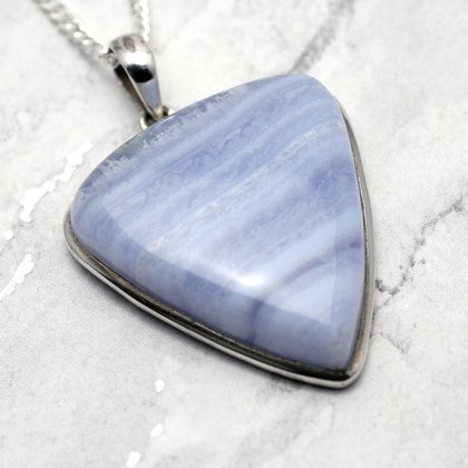 Blue Lace Agate & Silver Pendant - Soft Triangle 35mm