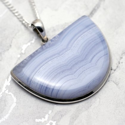 Blue Lace Agate & Silver Pendant - Wide Shield 40mm