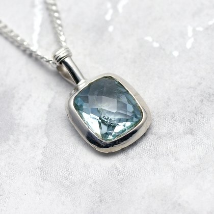 Blue Topaz & Silver Pendant - Faceted Rectangle 15mm
