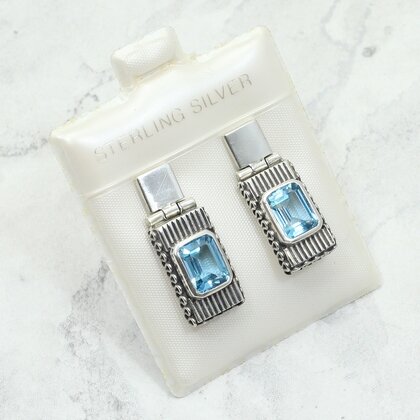 Blue Topaz Art Deco 925 Silver Drop Earrings ~23mm