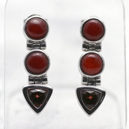 Three-Stone Carnelian & Garnet Silver Drop Studs ~25mm