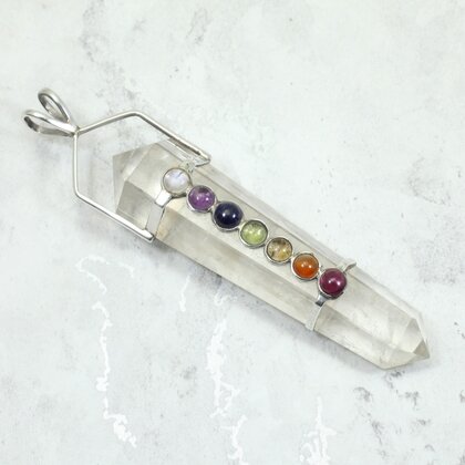 Chakra Quartz Wand 925 Silver Pendant ~93mm