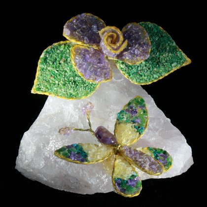 Crystal Butterfly and Amethyst Crystal Rose on Rose Quartz Base