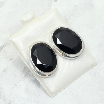 Faceted Black Onyx 925 Silver Stud Earrings ~24mm
