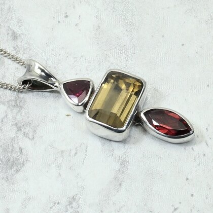 Faceted Garnet & Citrine 925 Silver Pendant ~36mm