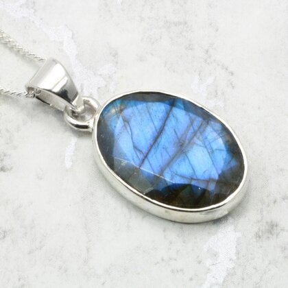 Faceted Labradorite Oval 925 Silver Pendant ~20mm