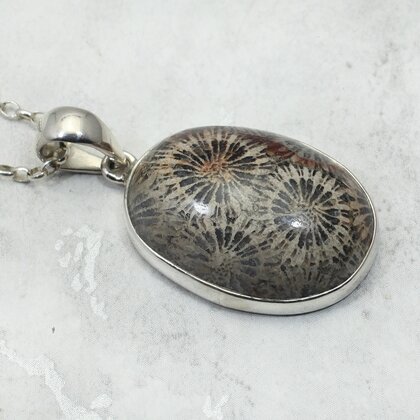 Flower Coral 925 Sterling Silver Oval Pendant  ~28mm