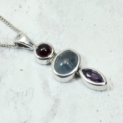 Garnet & Amethyst 925 Silver Pendant ~33mm