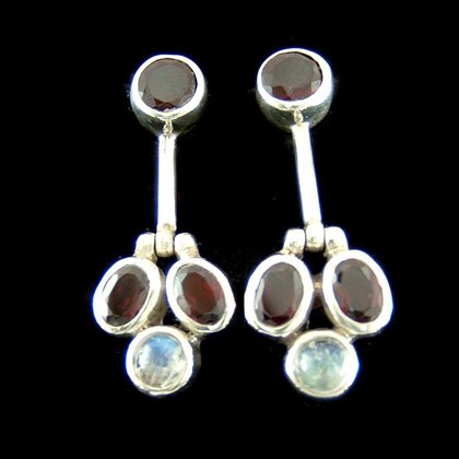 Garnet & Moonstone Silver Stud Earrings - 35mm