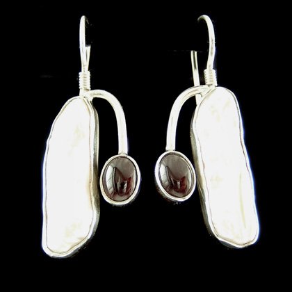 Garnet & Mother of Pearl Silver Earrings - Loop style 30mm