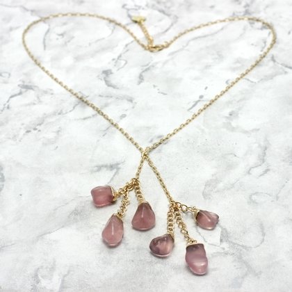 Gold Chain with 6 Gem Rose Quartz Drop Charms